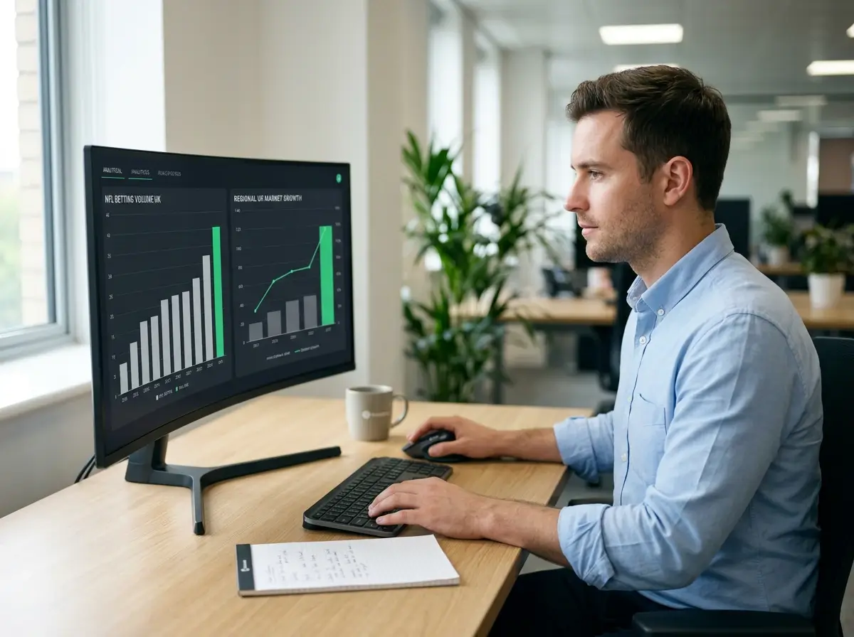 Analyst reviewing UK NFL betting market data on a large monitor in a modern office