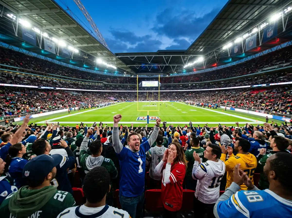 Crowd of fans wearing NFL jerseys inside Wembley Stadium during an American football game in London