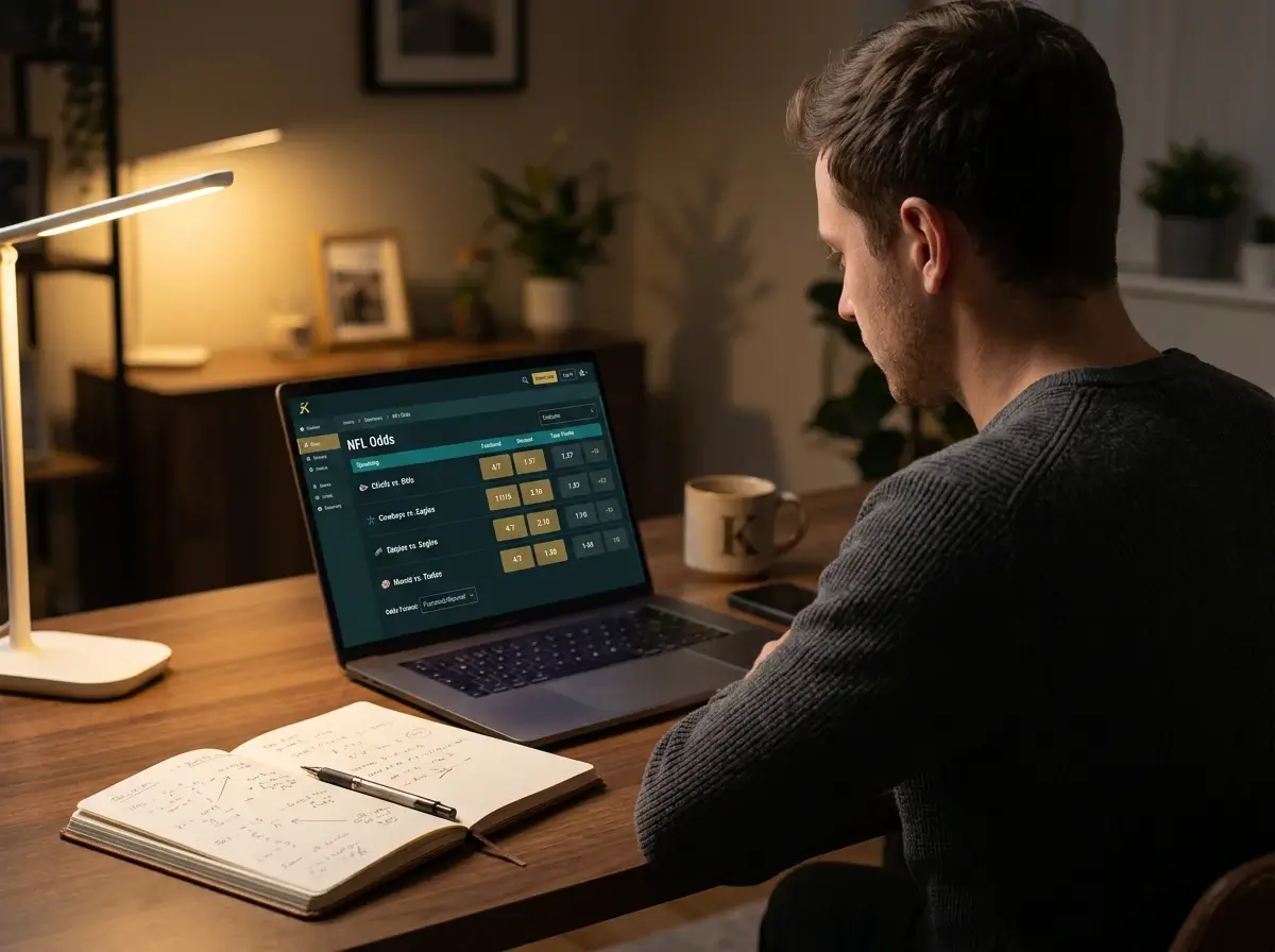 Person comparing NFL odds on a laptop screen showing fractional and decimal formats side by side