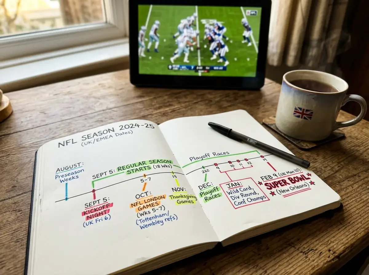 Planner notebook open on a desk with NFL season dates marked alongside a television showing a football game