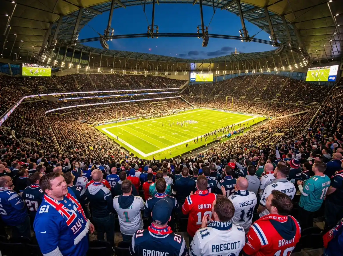 NFL game under stadium lights with British fans watching from the stands at a London venue