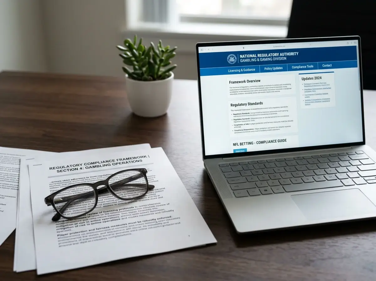 Official regulatory documents and a laptop displaying the UK Gambling Commission website on a desk